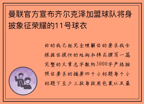 曼联官方宣布齐尔克泽加盟球队将身披象征荣耀的11号球衣